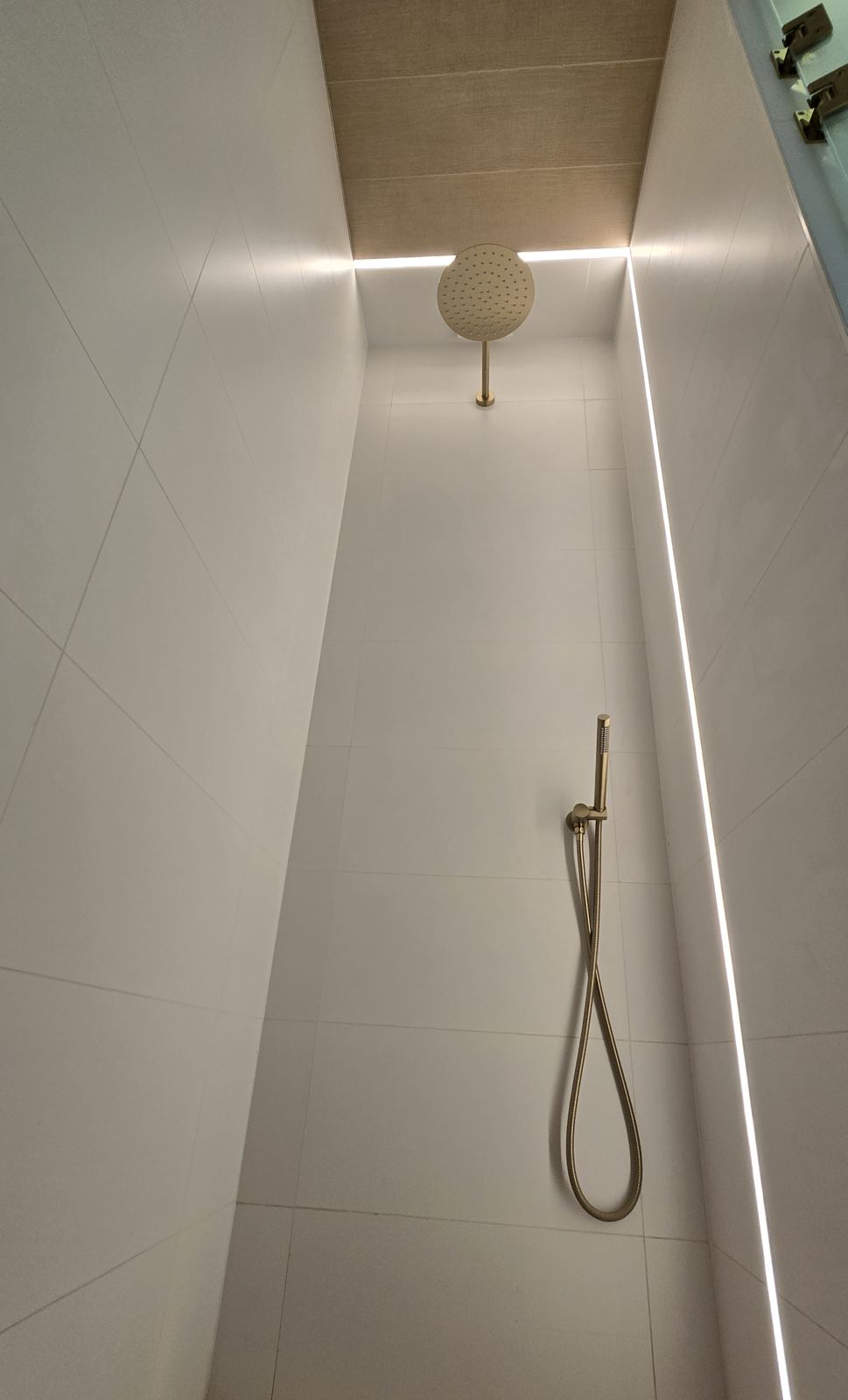 Walk-in shower with brass fittings and linear lighting